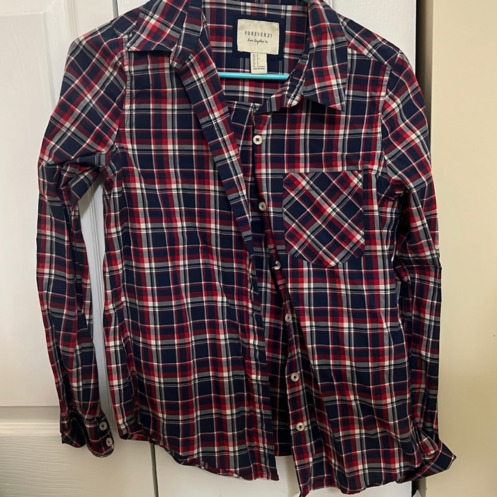 Flannel. Navy blue, red and white. Size small from forever 21
